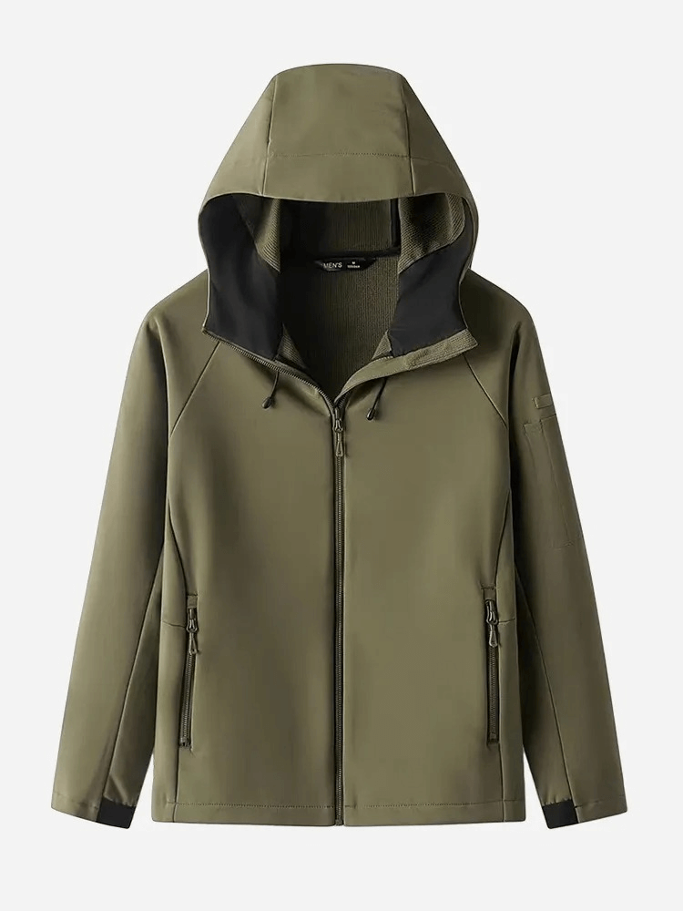 Casual waterproof men's zipper jacket with hood, solid pattern, SF0689. Ideal for outdoor activities, warm fleece lining.